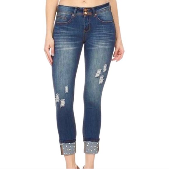 Pearl Embellished Cropped Denim Jeans - Picture 1 of 6
